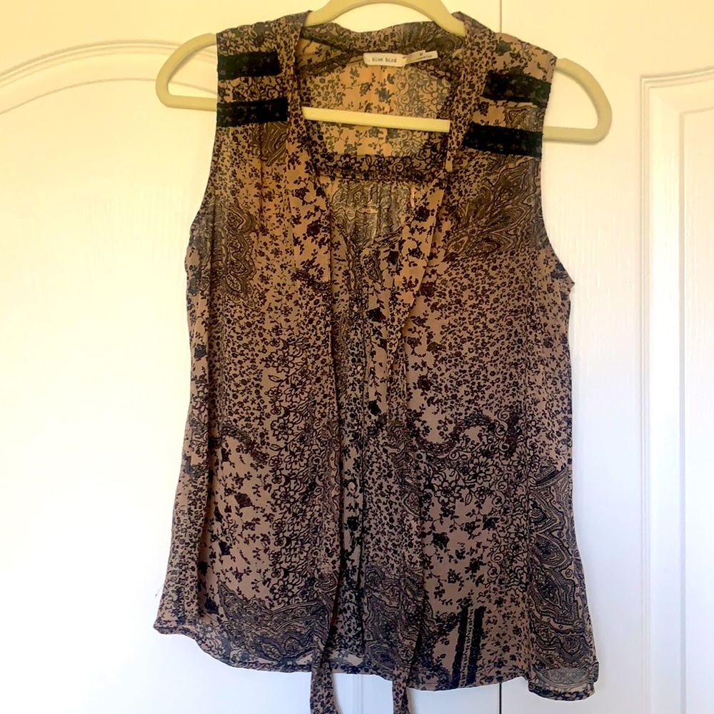 Blue bird sheer patterned black and brown tank top size m